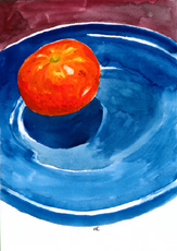 watercolor still life tangerine on a blue plate